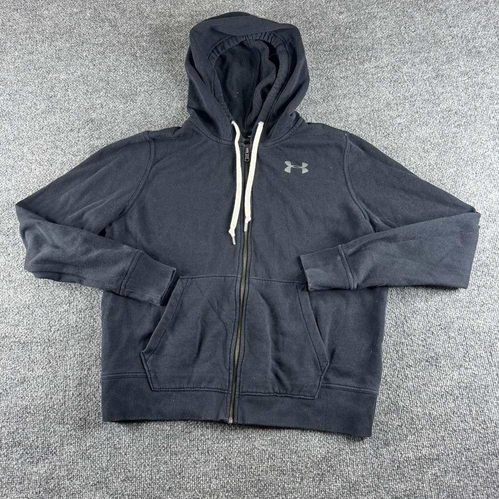 Under Armour Hoodie Mens L Black Full Zip Fleece Kangaroo Pocket Logo Sweatshirt